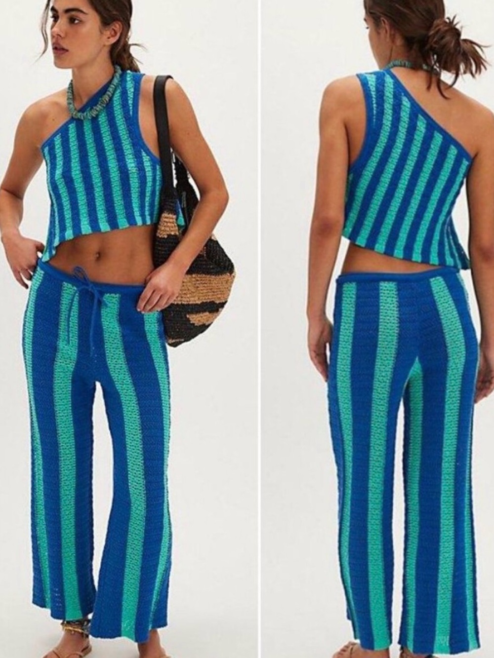 Free People Blue and Aqua Striped Crochet Knit Set